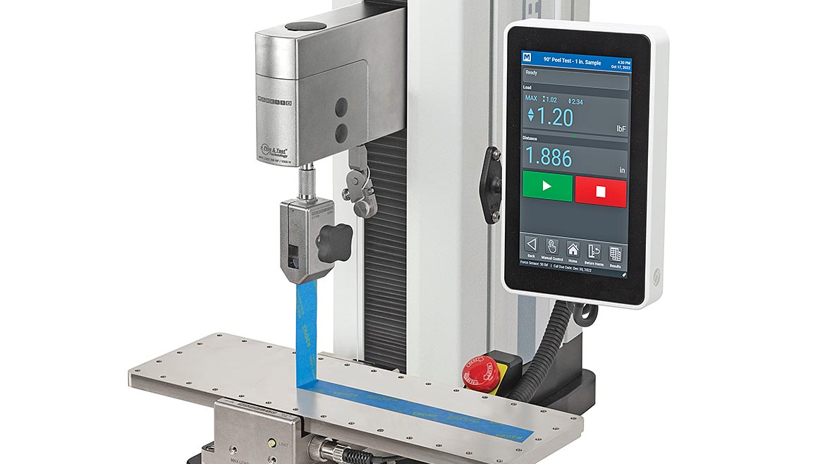 F305 EM G1109: A UTM configured for a 90-degree peel test of tape adhesive according to ASTM D3330. 